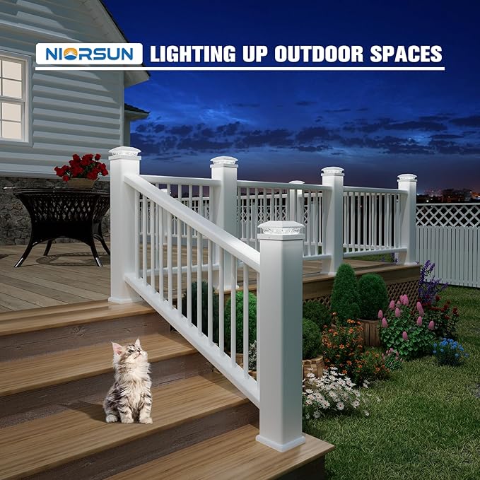 NIORSUN Solar Post Lights Outdoor, Fence Post Solar Lights Cool White, Waterproof, Garden Patio Fence Deck Decor, 4x4 Posts Cap Wood Vinyl, 5x5 Vinyl, White 12 Pack