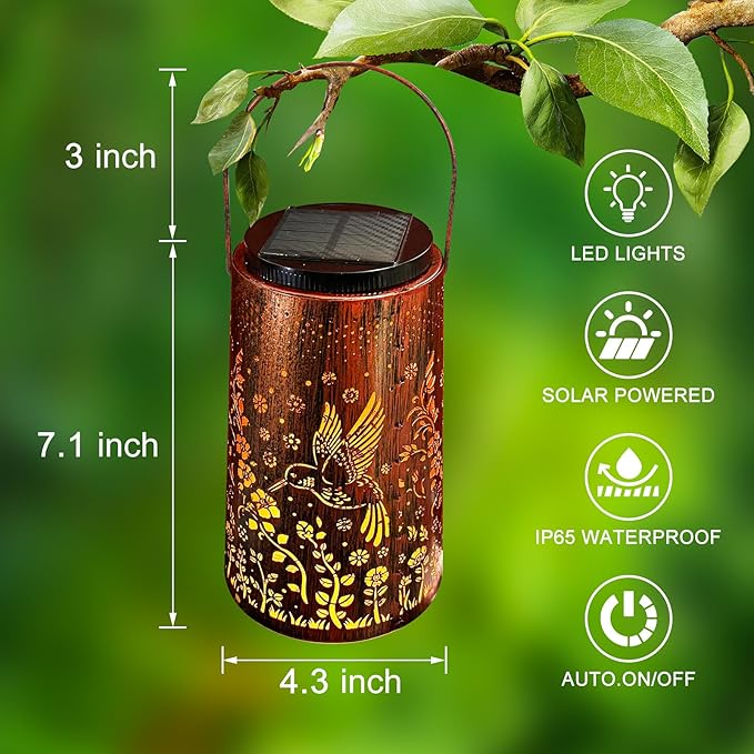 Solar Lanterns Outdoor Waterproof 2 Pack, 2 IN 1 Amber & White Modes Upgraded, Bird Garden Decor Gifts for Women Mom Grandma, Metal Hanging Solar Light Decoration for Yard Patio Porch Pathway