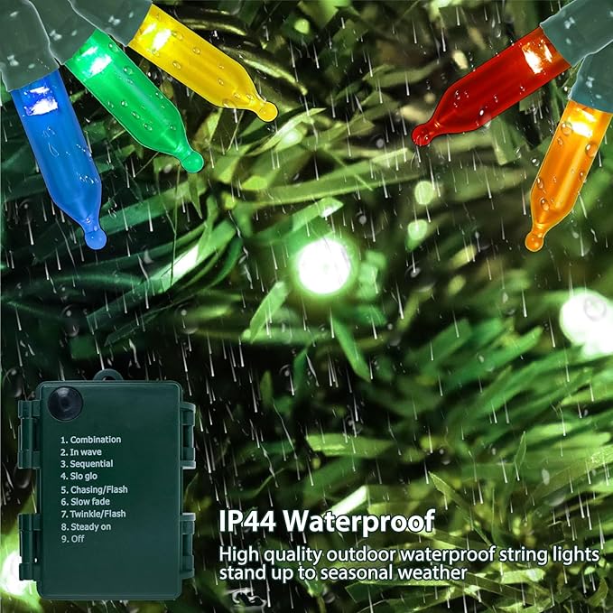 Battery Operated Christmas Lights, 33Ft 100 LED Multicolor String Lights with Auto Timer & 8 Modes, Shatterproof Waterproof for Outdoor Indoor Wedding Party Home, Green Wire
