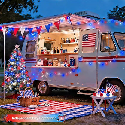JMEXSUSS 4 Pack 50 LED Red White and Blue String Lights Battery Operated, Each 16.5ft 4th of July Lights Outdoor Waterproof, 8 Modes Patriotic Light with Timer for Independence Day Memorial Day