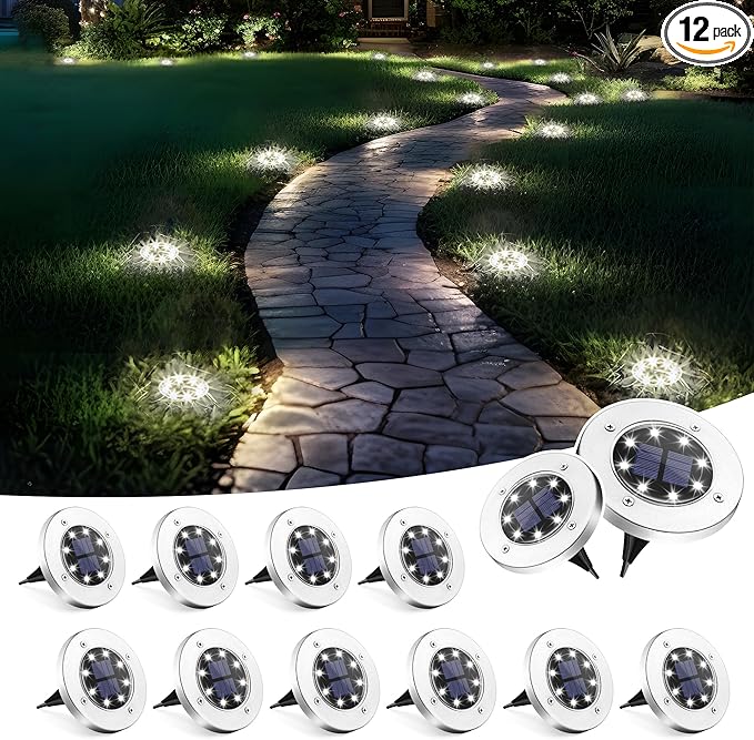 12-Pack Cool White Flat Solar Driveway Lights, Waterproof LED