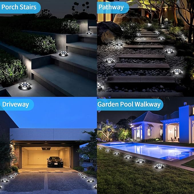 Solar Ground Lights Outdoor Waterproof, 8 Pack 12 LEDs Solar Garden Disk Lights Landscape Lighting for Outside Pathway Deck Yard Patio Lawn Driveway Walkway Deco (White Lights)