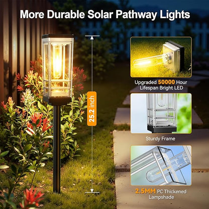 6 Pack Solar Lights Outdoor, Up to 15 Hrs Brighter Solar Pathway Lights, Luxury Taller Solar Outdoor Light Waterproof for Path Garden Yard Landscape Walkway Driveway, Warm White
