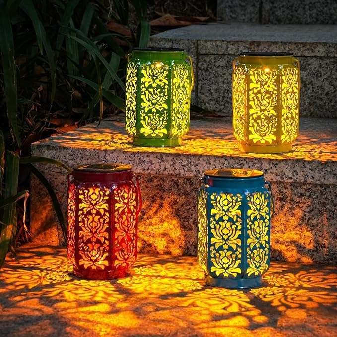 Solar Lanterns Outdoor 4 Pack, IP44 Waterproof Rose Solar Lanterns Mothers Day Gifts Outdoor Lights Garden Decor, 4 Colors LED Hanging Lantern with Handle for Outside Patio Yard Table Fence
