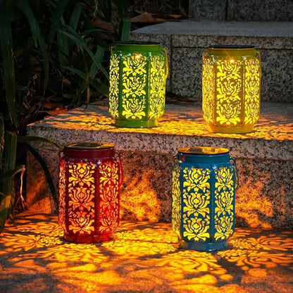 Solar Lanterns Outdoor 4 Pack, IP44 Waterproof Rose Solar Lanterns Mothers Day Gifts Outdoor Lights Garden Decor, 4 Colors LED Hanging Lantern with Handle for Outside Patio Yard Table Fence