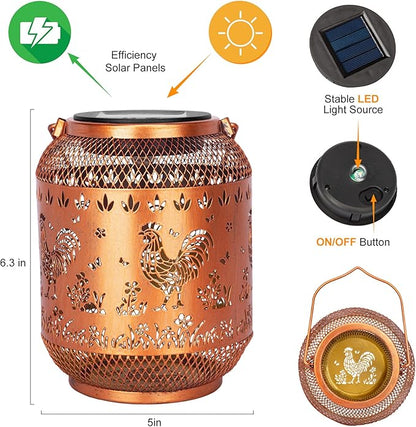 Chicken Solar Lanterns Outdoor Waterproof, Rooster Birthday Gifts for Women Mom Grandma, Metal Solar Lanterns Decorative Outdoor LED Lights for Garden Yard Patio Porch Decor