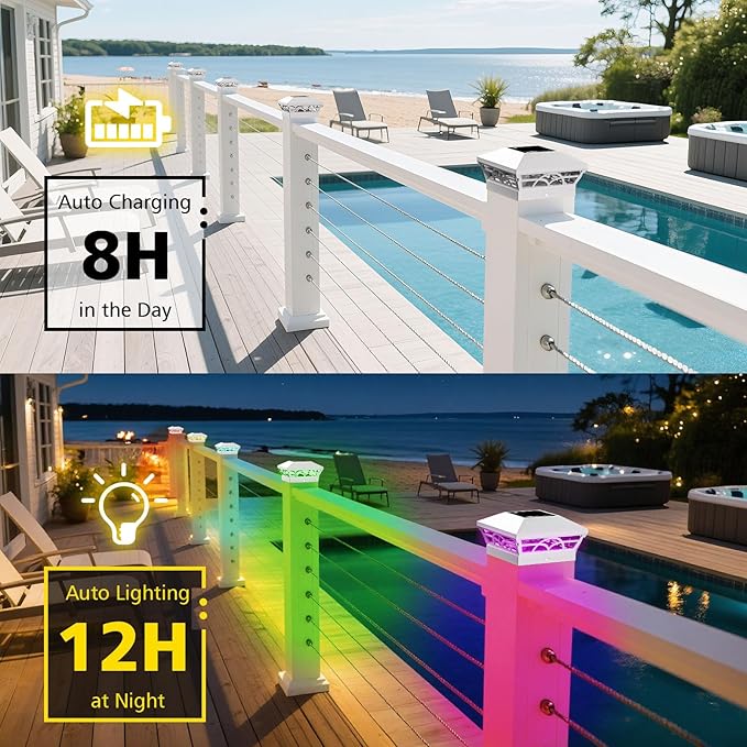 T-SUN Solar Post Cap Lights 6 Pack – Outdoor Waterproof RGB Color Changing Light for 3.5x3.5 4x4 5x5 5.5x5.5 Wood/Vinyl Fence Posts, Solar Deck Lights for Patio, Garden, Porch(White)