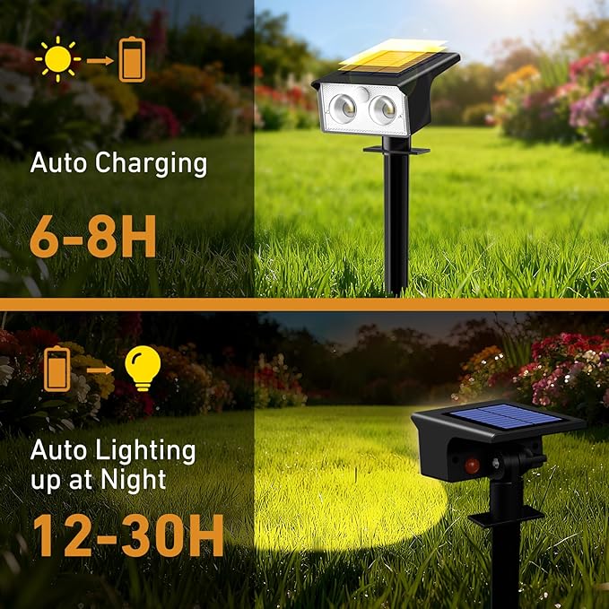btfarm Solar Spot Lights Outdoor Waterproof, 2 Pack/3 Modes Motion Sensor Lights, Solar Powered Spotlights 2-in-1 Auto On/Off for Outside Pathway Yard Garden Landscape Lighting, Warm White