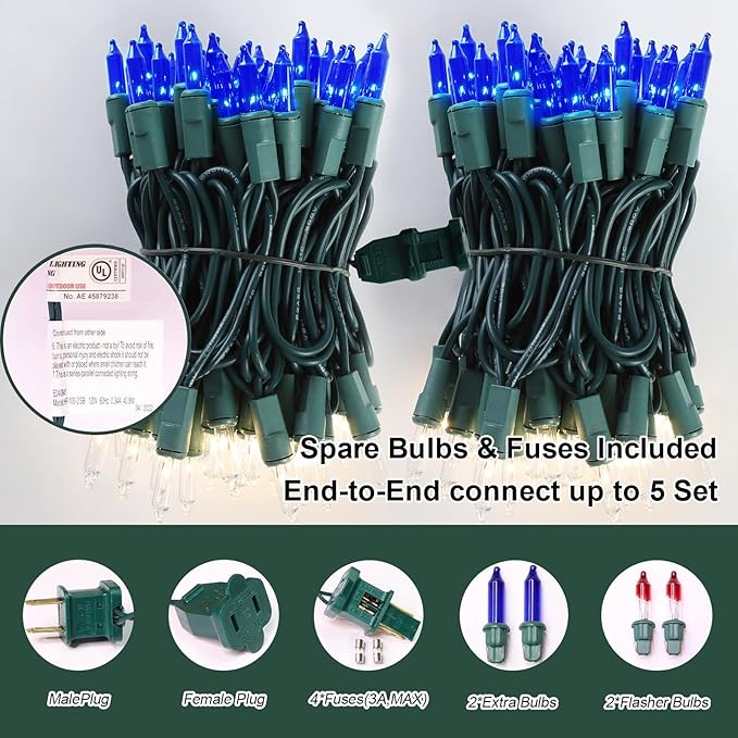 LAMPHOME Blue Clear Christmas String Lights, 100 ct 20FT Incandescent Mini Fairy Lights Set, UL Certified Green Wire Lights for Indoor Outdoor Halloween Holiday Home Xmas Tree Patio Décor