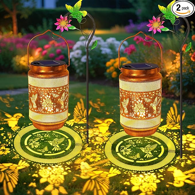 2-Pack Hummingbird Solar Lanterns, Waterproof LED Backyard Lights