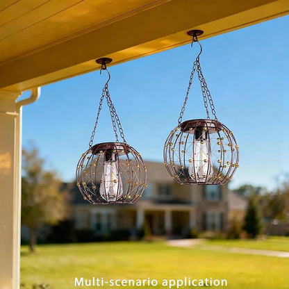 Hanging Solar Lanterns, Solar Lights Outdoor Waterpoof, Solar Chandelier with Warm White Led Bulb, Beaded Copper Wire Ball Shade Patio Garden Decor Lights for Tree Yard Pathway Wall Eave Pergola-2Pack