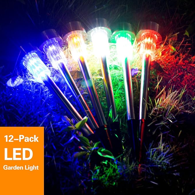 Solar Lights Outdoor - Garden Landscape Pathway Lights for Lawn Patio - Stainless Steel, 12 Pack (6 Colors)