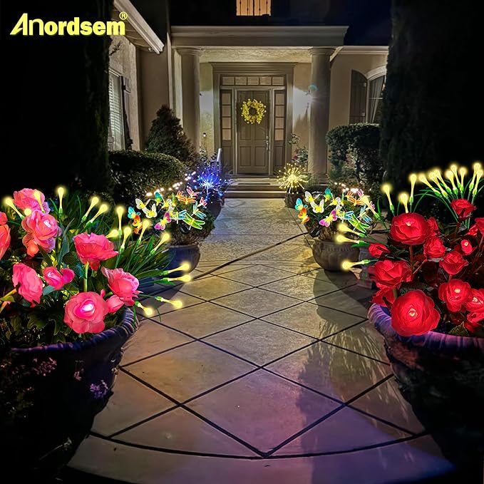 Anordsem Solar Garden Lights Outdoor: 10 Waterproof Fabric Roses 2 Pack - Pink LED Flower Decorations for Yard Patio Path Cemetery Grave - Mother's Day Gifts for Her Women Mom Wife