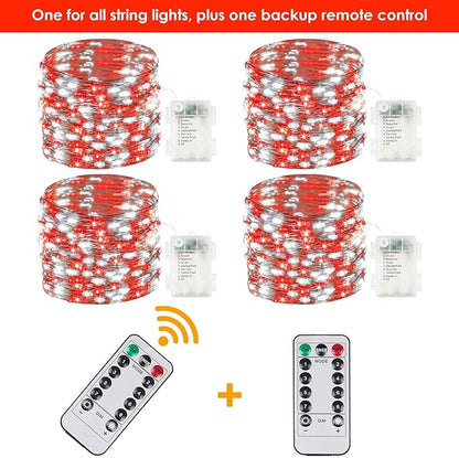 4-Pack 33FT 100 LED Fairy Lights Battery Operated with Remote Timer, Fairy Christmas String Lights for Bedroom Decor, Waterproof 8 Modes Twinkle Lights for Room Garden Party Wedding (Red and White)