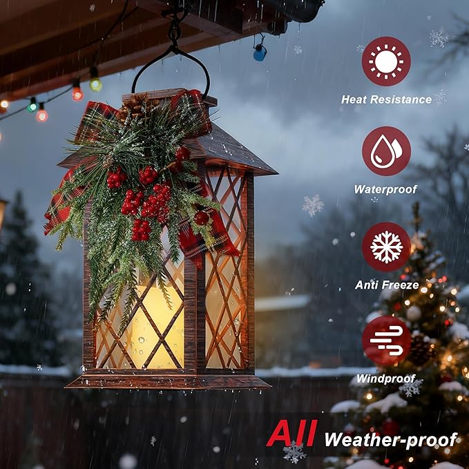 Christmas Solar Lanterns Outdoor Waterproof, 13" Outdoor Solar Powered Lantern with Flickering LED Candle, Christmas Hanging Lantern Decorations for Porch Patio Garden Balcony Pathway, 1 Pack