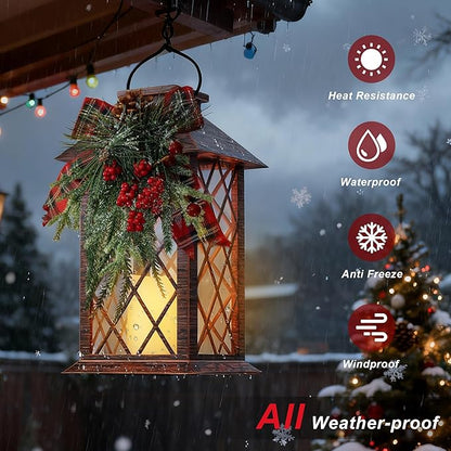 Christmas Solar Lanterns Outdoor Waterproof, 13" Outdoor Solar Powered Lantern with Flickering LED Candle, Christmas Hanging Lantern Decorations for Porch Patio Garden Balcony Pathway, 1 Pack