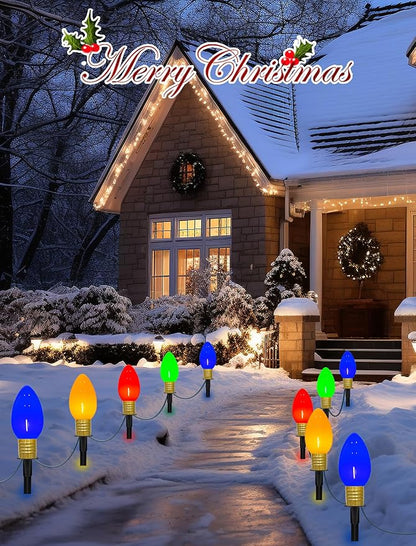 C9 Christmas Pathway Stake Lights, 7Ft String Lights with 4 Jumbo C9 Multicolor LED Bulbs, Stake, Christmas Decorations for Outdoor Garden Walkway