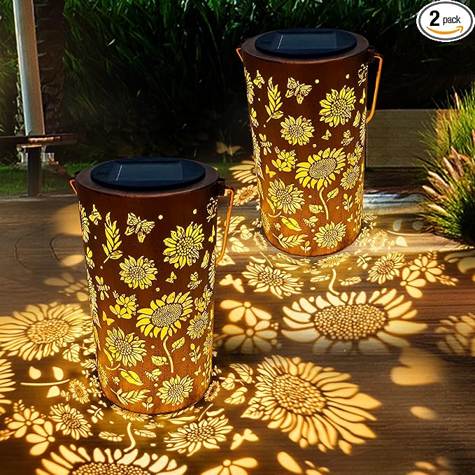 2-Pack Rustic Sunflower Solar Lanterns for Backyard, Waterproof LED