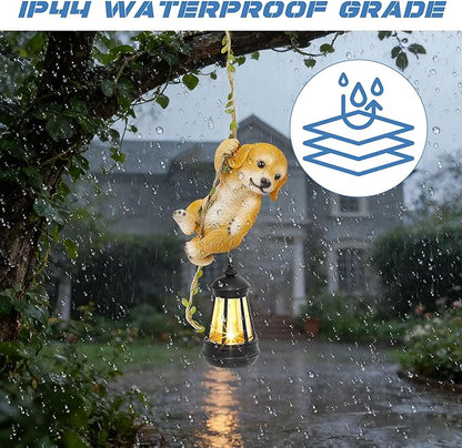Solar Hanging Dog Statue, Outdoor Resin Golden Retriever Dog Figurine with LED Lights, Puppy Animal Ornament for Garden, Fence, Porch, Patio, Yard Decor, Dusk to Dawn Auto On/Off
