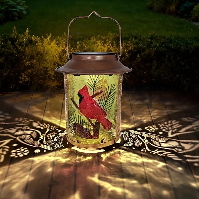 10" H Cardinal Solar Lanterns Outdoor, Metal Glass Hanging Solar Lanterns with Hollow Out Retro Cardinal Lights, Decorative for Garden Yard Patio Pathway Tabletop Gifts
