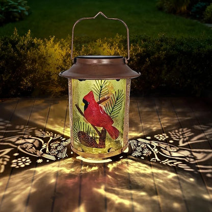 10" H Cardinal Solar Lanterns Outdoor, Metal Glass Hanging Solar Lanterns with Hollow Out Retro Cardinal Lights, Decorative for Garden Yard Patio Pathway Tabletop Gifts