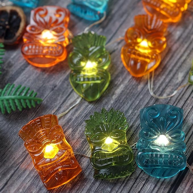 Bartlett Solar Tiki Mask Lights Outdoor 40LED 14FT, Waterproof Tropical String Lights for Garden Patio Porch Yard Pathway Fence, Solar Powered Hawaiian Luau Party Decorations Night Ambient Lighting