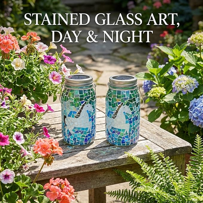 7.5" Large Mosaic Solar Lantern Outdoor: Gradient Emerald Azure Stained Glass Jar Decorative Silhouette Hanging Lights for Garden Patio Yard Artistic Glass Vase Table Lamp Gifts for Women