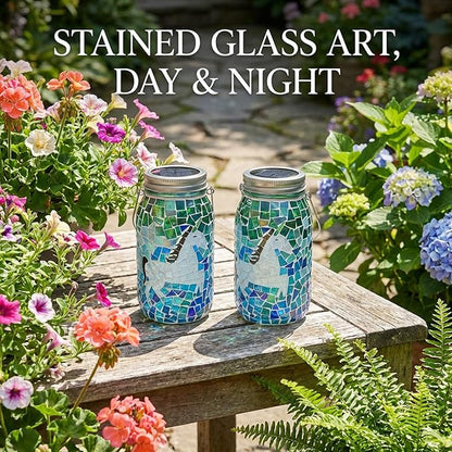7.5" Large Mosaic Solar Lantern Outdoor: Gradient Emerald Azure Stained Glass Jar Decorative Silhouette Hanging Lights for Garden Patio Yard Artistic Glass Vase Table Lamp Gifts for Women