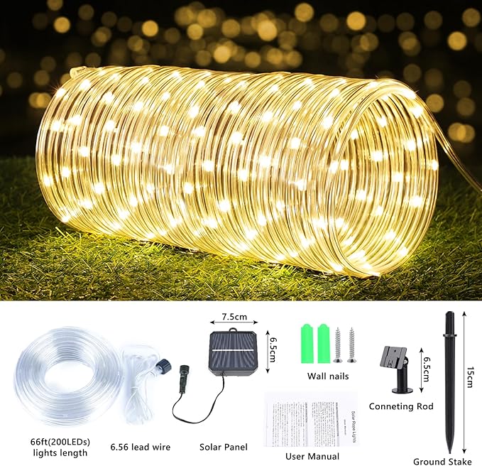 Solar Rope Lights, 2 Packs Total 132ft 400LED Solar String Lights, 8 Modes Waterproof Solar Powered Outdoor Light, Flexible Clear Tube Light for Garden Backyard Patio Deck Pool Tree Decor - Warm White