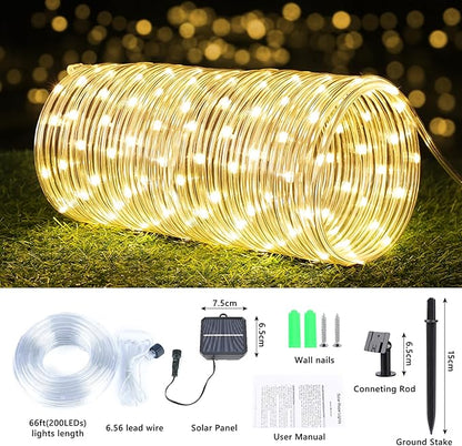 Solar Rope Lights, 2 Packs Total 132ft 400LED Solar String Lights, 8 Modes Waterproof Solar Powered Outdoor Light, Flexible Clear Tube Light for Garden Backyard Patio Deck Pool Tree Decor - Warm White