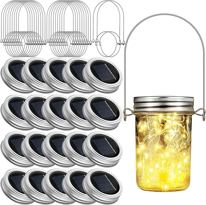 Hortsun 20 Pack Mason Jar Solar Light Lids 30 LED Outdoor Hanging Fairy String Light with Hanger (No Jars) Waterproof Mason Solar Lamp for Patio Garden DIY Party Wedding Table Decor Warm White