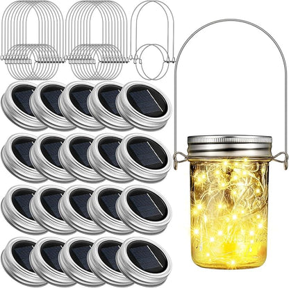 Hortsun 20 Pack Mason Jar Solar Light Lids 30 LED Outdoor Hanging Fairy String Light with Hanger (No Jars) Waterproof Mason Solar Lamp for Patio Garden DIY Party Wedding Table Decor Warm White