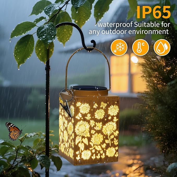 2 Pack Solar Lanterns - Waterproof Metal Hanging Solar Lights Outdoor Decorative, Solar Powered LED Lamp for Patio Tabletop Porch Deck Yard Garden Decor for Outside (Sunflower)