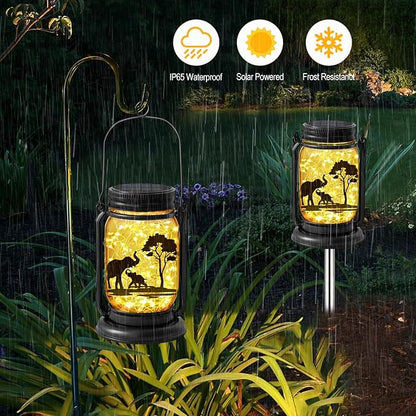 2 Pack Outdoor Hanging Solar Lanterns, Elephants Vintage Glass Mason Jar Fairy Lights, Birthday Mothers Day Gifts for Women Mom Grandma, Waterproof Garden Lights for Patio Yard Lawn Tree