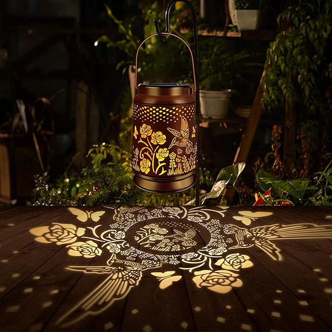 KY&BOSAM Solar Lanterns Outdoor Waterproof Rose Hummingbird Lantern Garden Decor Birthday Gifts for Women Mom Grandma Hanging Solar Lights LED Metal Openwork Decorative for Patio Yard Lawn Backyard