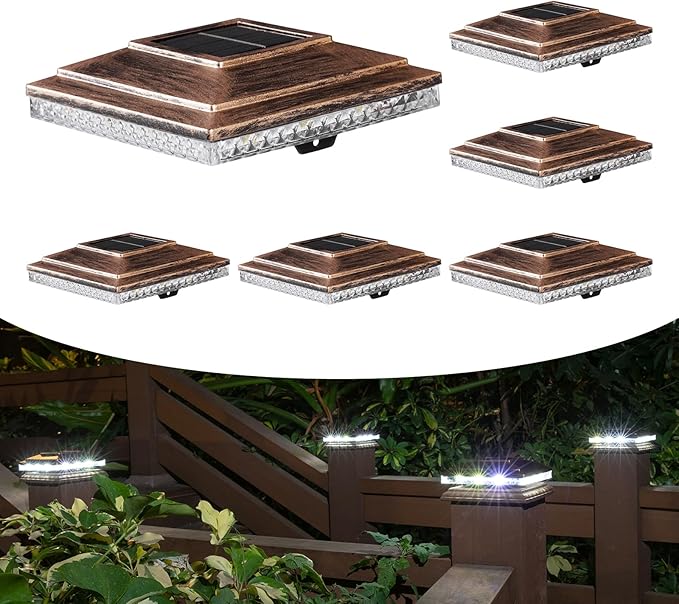 Solar Post Cap Lights,Outdoor Deck Fence Post Lights,Powerful Lithium Battery 20Lumens Two Light Modes Warm White/Bright White Suitable for 4x4 5x5 Wooden Posts,4x4 Viny Posts (Brushed Copper, 6pk)