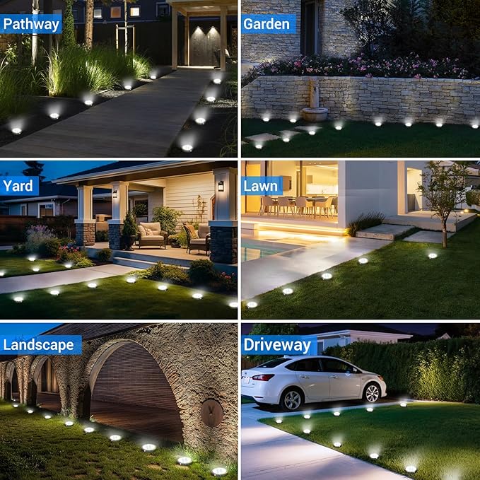 Peasur Solar Ground Lights Outdoor, 24 Pack Flat Solar Powered Disc Lights, IP68 Waterproof, Anti-Rust, Landscape Lighting for Pathway Garden Yard Lawn Walkway Landscape Driveway, Cool White