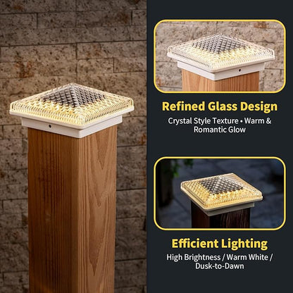 Glass Solar Post Cap Lights with Crystal Style - Decorative Deck Fence Lights for 4x4 5x5 Posts Hidden Solar Panel, Modular Design, 10Hr Runtime, IP65, Warm White, White, 2 Pack