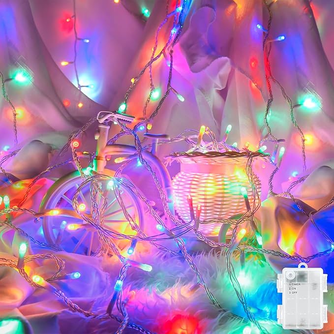Christmas Lights Outdoor Battery Operated Total 100LED 33ft for Christmas Decorations 16.4Ft*2, 50LED*2 Waterproof Indoor with Timer for Christmas Decor, Multicolor