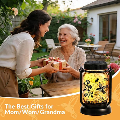 Hummingbird Solar Lanterns Outdoor Waterproof Hanging Solar Lantern Lights Glass Mason Jar Garden Decor 3 in 1 Hummingbird/Cat/Dog for Mom Grandma Sister Birthday, 1*Lanterns & 3*Patterns