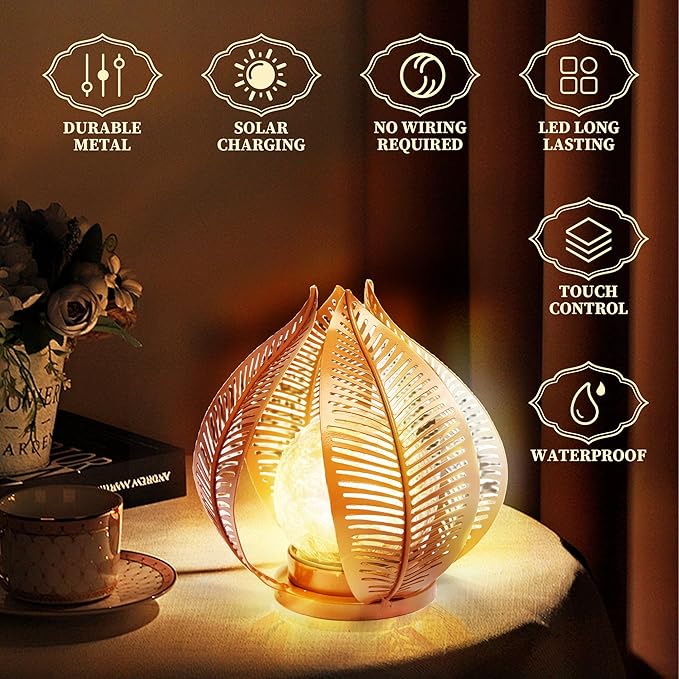 HPC Decor Solar Lights Outdoor Garden, Crackle Globe Glass,Metal Palm Leaf Solar Lights for Outside, Pathway Lights Waterproof LED Outdoor for Patio,Yard,Porch Decor,Gardening Gifts for Women/Mom.