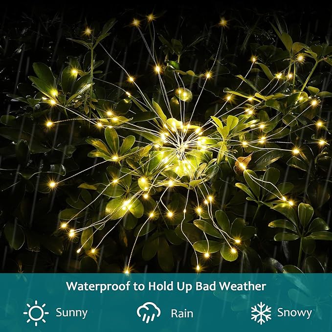 JJGoo Solar Firework Lights, 2 Pack 135 LEDs 2 Lighting Modes Solar Garden Lights Outdoor Waterproof for Yard Patio Walkway Pathway Party Wedding Christmas Decorative - Warm White