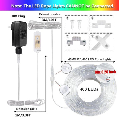132ft LED Rope Lights Outdoor String Lights Plug in, 400 LED Warm White & Color Changing Waterproof Christmas Lights Outdoor, Rope Lights with Remote for Balcony(Not Connectable)