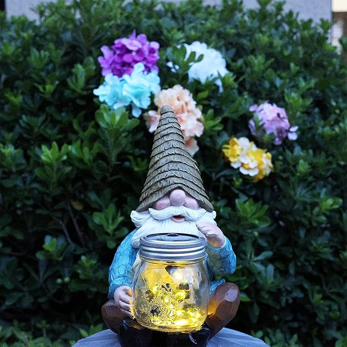 Solar Firefly Jar Gnome Waterproof - Large Garden Gnome Funny Solar Outdoor LED Lights Resin Statues 10.6" Lantern Figurines Decorations Birthday Housewarming Gifts for Mom Women