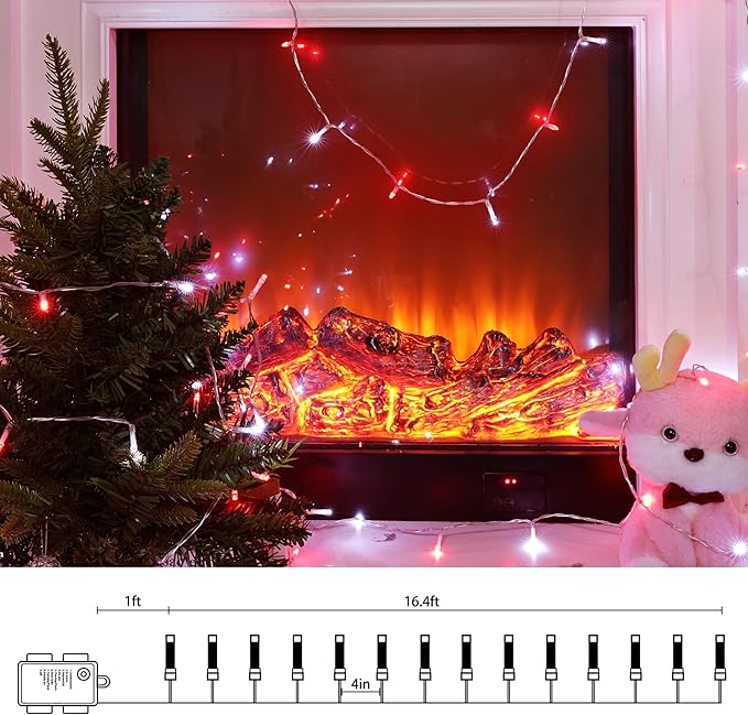 Lomotech Battery Operated Christmas Lights - 4 Pack Total 66ft 200LEDs String Lights 8 Modes Waterproof with Timer for Home, Garden, Party, Holiday, Tree Decoration (Clear Wire, Red & White)