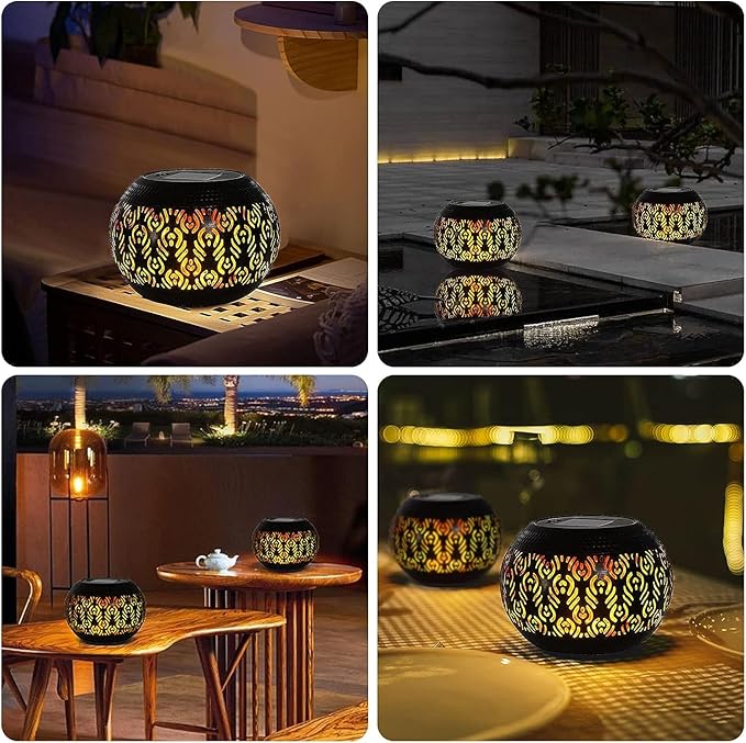 Solar Table Lanterns Outdoor Waterproof - Dancing Flickering Flame Lamp Black Peacock Feather Metal Tabletop Light Solar Powered Decorative Lantern for Desk Bedroom Patio Garden Pathway Yard (1 Pack)