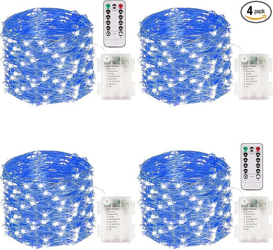 4 Pack 100 LED Fairy Lights Battery Operated with Remote, 33FT Waterproof Twinkle Lights with Timer & 8 Modes, Fairy String Lights Outdoor Indoor for Bedroom Classroom DIY Christmas Decor (Blue)