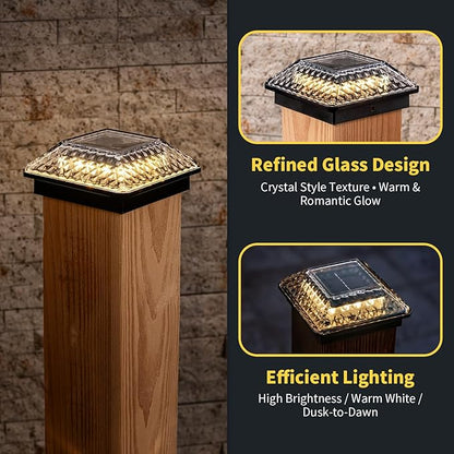 Glass Solar Post Cap Lights with Crystal Style - Decorative Deck Fence Lights for 4x4 5x5 Posts Hidden Solar Panel, Modular Design, 10Hr Runtime, IP65, Warm White, Black, 4 Pack