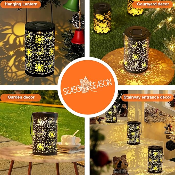 Outdoor Solar Lanterns Garden Decor Hanging Solar Lantern Lights Waterproof Metal Garden Lantern with Sun Star Moon Decorative Yard Lantern Decor as Gift for Women
