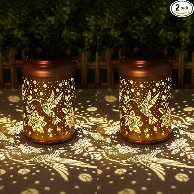 2-Pack Hummingbird Solar Lanterns, Waterproof LED Garden Lights